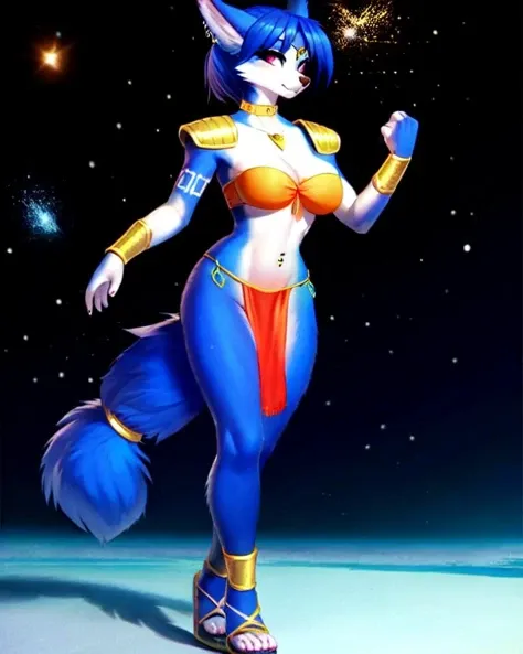 1girl, solo, (best quality, high quality:1.4), (vibrant space background:1.3), semirealism, extremely detailed, furry, curvy, busty, detailed realistic fur, furry Krystal, short snout, golden circlet, cleavage, strapless taut bandeau, loincloth, jewelry, piercings, navel piercing, collar, necklace, shoulder armor, bracers, shoulder pads, bracelets, sandals, golden staph, walking, baren, <lora:fluffyrock-quality-tags-v2.1.1-vpred:1>