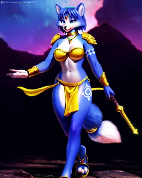 (best quality, high quality:1.4), galaxy background, semirealism, extremely detailed, curvy furry, detailed realistic fur, furry Krystal star fox N64, golden circlet, strapless bra, loincloth, jewelry, collar, necklace, shoulder armor, bracers, shoulder pads, bracelets, sandals, gold staff, outdoor ruins, walking, <lora:fluffyrock-quality-tags-v2.1.1-vpred:1>