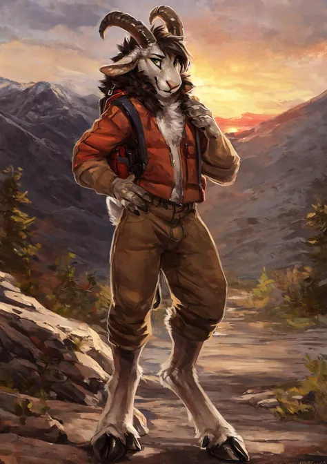 male, solo, anthro, mammal, (goat, caprine, caprine horn, 2 horns, :1.2), horizontal pupils,  cloven hooves,
fully clothed, bottomwear, topwear, pants, jacket, (adventurer:1.1), hand on hip, (backpack:1.2),
fur, fluffy, tuft, chest tuft, long hair, brown hair, neck tuft, inner ear fluff, digitigrade,
standing, front view, looking at viewer,
BREAK
(detailed background:1.2), outside, rock, sunbeams, snowy peaks, (colorful sunrise, village:1.3),
(by kenket:1.1), by oouna, (by darkgem, by miosha:1.1), by sabretoothed ermine,