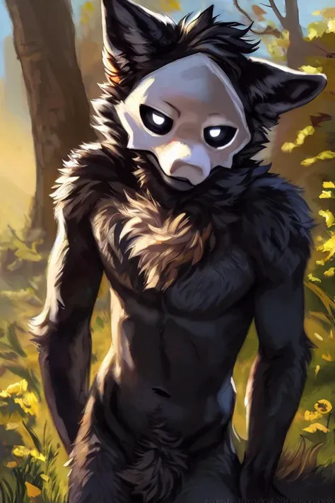 [by kenket, by thebigslick:by silverfox5213:0.7], <lyco:puro-v1-fluffyrock-locon:1>, puro, ((solo)), anthro, male, black body, black fur, monotone fur, monotone body, white mask, black sclera, white eyes, glistening body, wolf ears, fluffy tail, snout, looking at viewer, fluffy fur, chest tuft, fluffy, crotch tuft, BREAK, nude , ((thin, slim, girly, femboy)), portrait, detailed background, outside, BREAK, day, sunny, park
