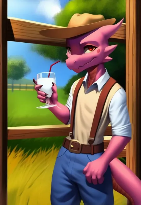 w4g4, kobold, clothed, farmer, farm environment, massive gahonkers, male, holding drink, glass of milk, hat, fence post in background