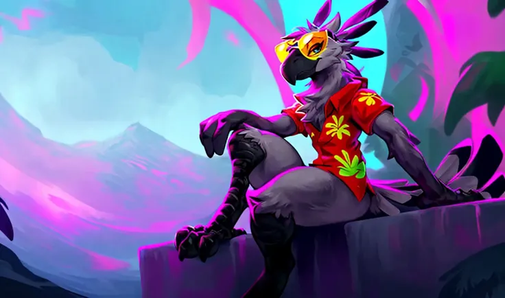 solo, male, anthro, digitigrade, (detailed background:1.4), full-length portrait, by darkgem, by dangpa, by null-ghost, by nurinaki , (secretary bird, avian, bird, beak, feathers, tail feathers <lora:Anthro-Birds-v3.5-no_offset:0.7>:1.0), protogen, wide hips, thick thighs, girly, (sitting:1.1), (partially clothed, hawaiian shirt, sunglasses:1.3), looking at viewer, (wide hips, thick thighs:1.3), (fisheye lens:1.2), (Ethereal mountain range with misty peaks and mystical creatures., Triadic, Highlights, incandescent:1.0), colorful, (Light cyan, Green \(web\):1.2) , <lora:LoRAGooglyeyes128BY:0.8>