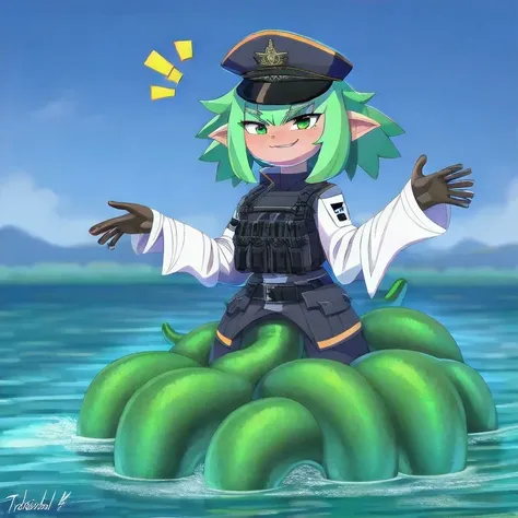 (8k uhd, masterpiece, best quality, high quality, absurdres, ultra-detailed), solo, 1girl <lora:Squidlegs_V1.0:0.9>, squidlegs, tentacles, monster girl, scylla, solo, 1girl, tentacle hair, pointy ears, eldritch abomination, menacing, flappy sleeves, long sleeves, loose sleeves, military hat, military jacket, tentacle legs, green hair, green tentacles, bulletproof vest, <lora:colorfix:1.0>, detailed background, smug, partially underwater shot,