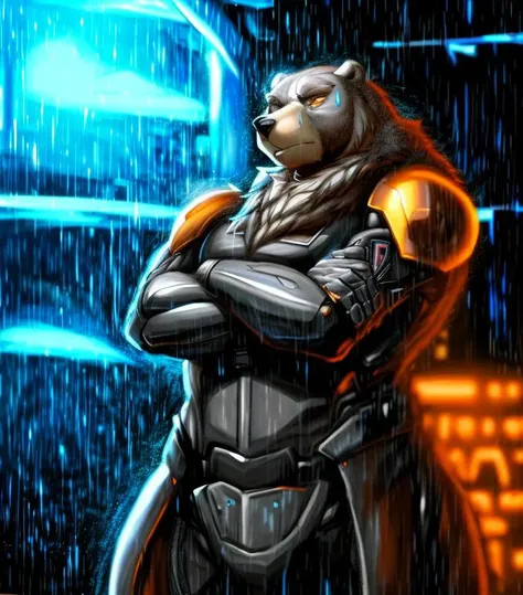 cyberpunk (city:1.2), raining, cybernetic bear standing, detailed fur, cybernetic armor, defiance512, (masterpiece, best quality, high quality, highres, ultra-detailed), [by zorro re:by nesskain:0.5] ADDCOMM 
blue light  ADDCOL 
orange light <lora:add_detail:1>