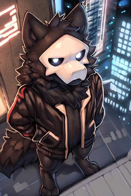 A close up of a cat in a black jacket on a city street - SeaArt AI