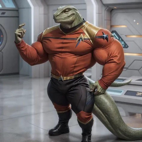 lizard, green scales, male, solo, (((star trek))), uniform, bodysuit, realistic, detailed background, science fiction, muscular, yellow eyes, [beefcake], hyper, long sleeves, black boots, [[hyper muscles]], tight clothing, security guard