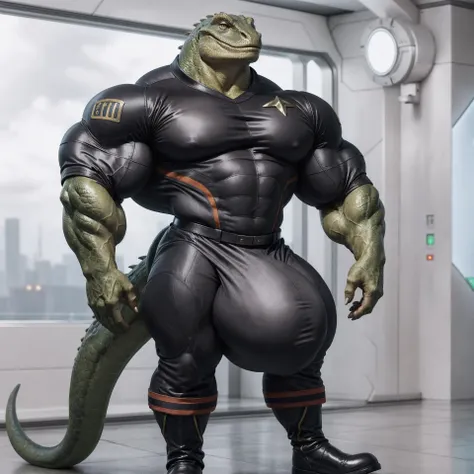 lizard, green scales, male, solo, star trek, uniform, bodysuit, hyper bulge, realistic, detailed background, science fiction, muscular, yellow eyes, [beefcake], hyper, long sleeves, black boots, [[hyper muscles]], tight clothing, security guard