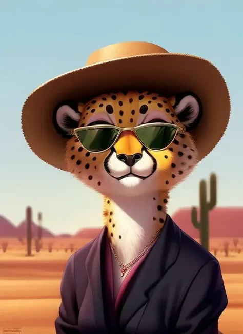 anthro, clothed, female, cactus, hat, jewelry, desert, big eyes, orange fur, white fur, countershading, spots, cheetah, sunglasses, solo