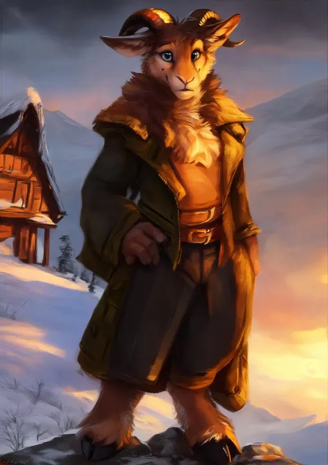 male, solo, anthro, mammal, goat, caprine, (caprine horn), 2 horns, horizontal pupils,  cloven hooves, 
fully clothed, bottomwear, topwear, pants, jacket, (adventurer), hand on hip,
fur, fluffy, tuft, chest tuft, long hair, neck tuft, inner ear fluff, digitigrade,
standing, front view, looking at viewer,
(detailed background), outside, rock, sunbeam, snowy peaks, sunrise, (village:1.3),
by kenket, by darkgem, by miosha,
fully clothed, bottomwear, topwear, pants, jacket, (adventurer), hand on hip,
fur, fluffy, tuft, chest tuft, long hair, neck tuft, inner ear fluff, digitigrade,
standing, front view, looking at viewer,
(detailed background), outside, rock, sunbeam, snowy peaks, sunrise, (village:1.3),
by kenket, by darkgem, by miosha,