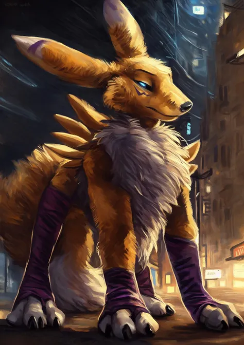 solo, male, (feral, quadruped:1.2), (renamon, digimon \(species\), purple markings), (purple legwear, :1.2), canid, glowing eyes, 
fur, tuft, neck tuft, chest tuft, fluffy, fluffy ears, inner ear fluff, fluffy tail, hindpaw,
smirk, bedroom eyes, standing,
detailed background, outside, cyberpunk city streets, (shadow, backlighting, starry sky),
by virtyalfobo, by kenket, by darkgem, (by furball),
fur, tuft, neck tuft, chest tuft, fluffy, fluffy ears, inner ear fluff, fluffy tail, hindpaw,
smirk, bedroom eyes, standing,
detailed background, outside, cyberpunk city streets, (shadow, backlighting, starry sky),
by virtyalfobo, by kenket, by darkgem, (by furball),