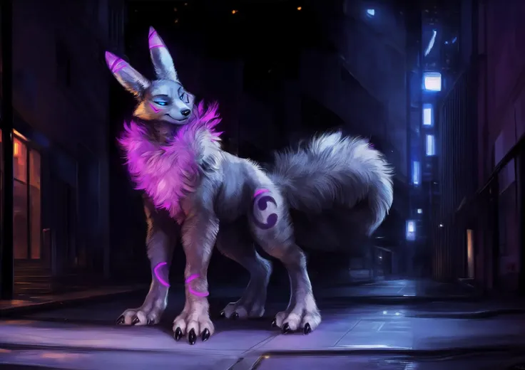 solo, male, (feral, quadruped:1.1), (renamon, digimon), purple markings), (purple legwear, :1.2), canid, glowing eyes,
fur, tuft, neck tuft, chest tuft, fluffy, fluffy ears, inner ear fluff, fluffy tail, hindpaw,
smirk, bedroom eyes, standing,
detailed background, outside, cyberpunk city streets, (shadow, backlighting, starry sky),
by virtyalfobo, by kenket, by darkgem, (by furball),
fur, tuft, neck tuft, chest tuft, fluffy, fluffy ears, inner ear fluff, fluffy tail, hindpaw,
smirk, bedroom eyes, standing,
detailed background, outside, cyberpunk city streets, (shadow, backlighting, starry sky),
by virtyalfobo, by kenket, by darkgem, (by furball),