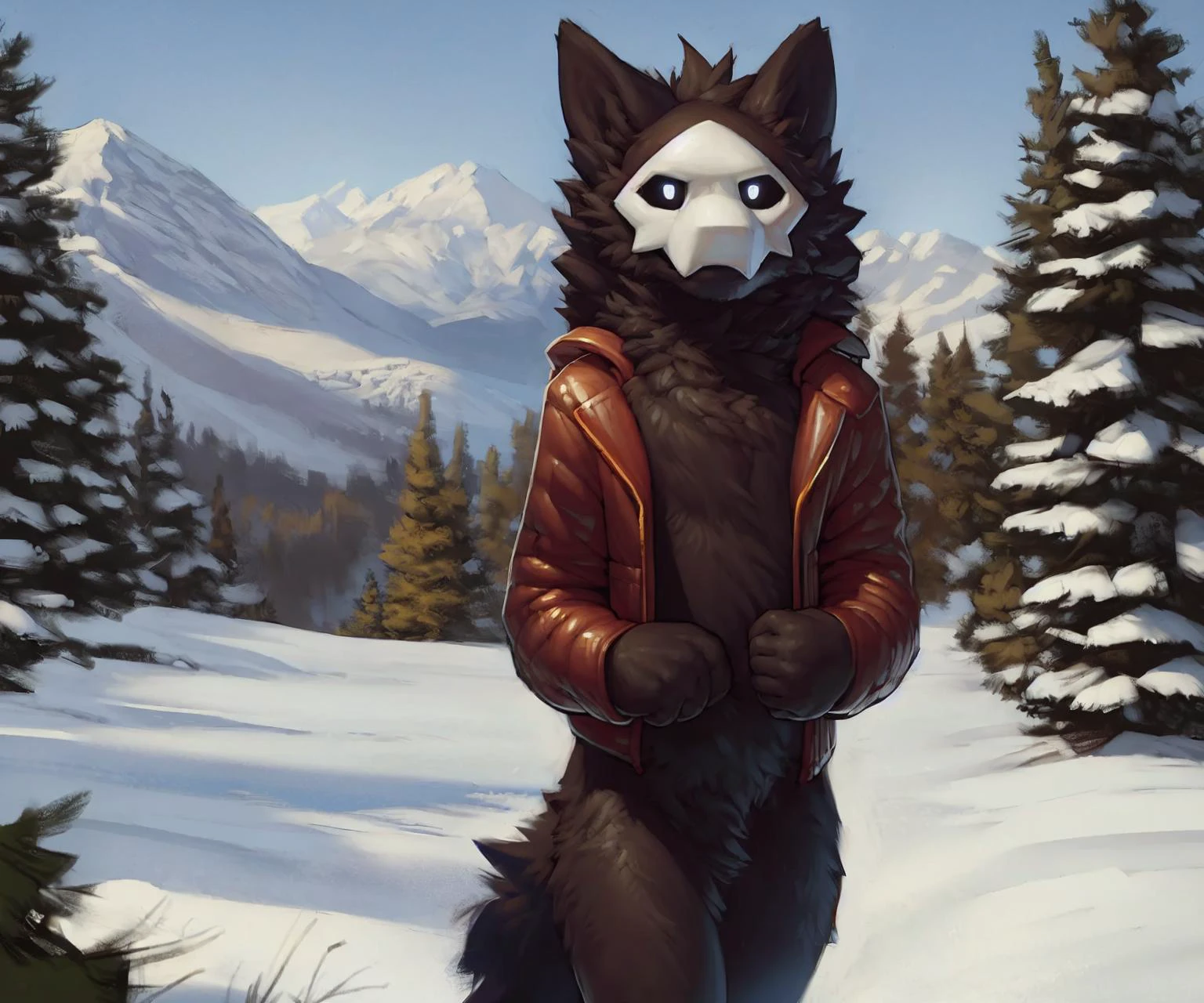 by braeburned, by snowskau, by darkgem, by kaynine, by taran fiddler, by zackary911, puro, ((solo)), anthro, male, slime boy, goo creature, black body, black fur, monotone fur, monotone body, white mask, black sclera, white eyes, black slime, dripping, glistening body, wolf ears, fluffy tail, snout, (winter coat, brown winter jacket), ((thin, slim, girly, femboy)), portrait, detailed background, outside, day, sunny, blue haze, blue fog, blue sky, alps, alpine, hiking, mountainside, cliffside, nature, trees, plants, pine trees, looking at viewer, mountain, winter, snow, snowy, fluffy fur, chest tuft, fluffy, crotch tuft, mountains in the distance, walking, <lyco:puro-v1-fluffyrock-locon:1>