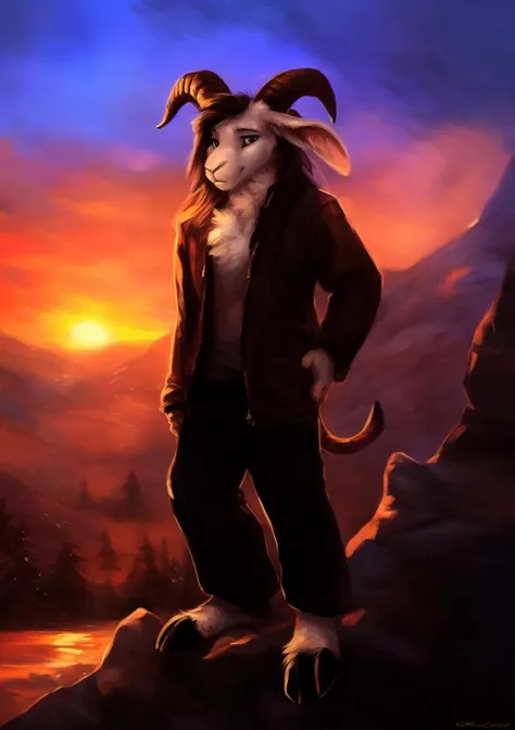 male, solo, anthro, mammal, goat, caprine, (caprine horn), 2 horns, horizontal pupils,  cloven hooves,
fully clothed, bottomwear, topwear, pants, jacket, (adventurer), hand on hip,
fur, fluffy, tuft, chest tuft, long hair, neck tuft, inner ear fluff, digitigrade,
standing, front view, looking at viewer,
(detailed background), outside, rock, sunbeam, snowy peaks, sunrise, (village:1.3),
by kenket, by darkgem, by miosha,
fully clothed, bottomwear, topwear, pants, jacket, (adventurer), hand on hip,
fur, fluffy, tuft, chest tuft, long hair, neck tuft, inner ear fluff, digitigrade,
standing, front view, looking at viewer,
(detailed background), outside, rock, sunbeam, snowy peaks, sunrise, (village:1.3),
by kenket, by darkgem, by miosha,