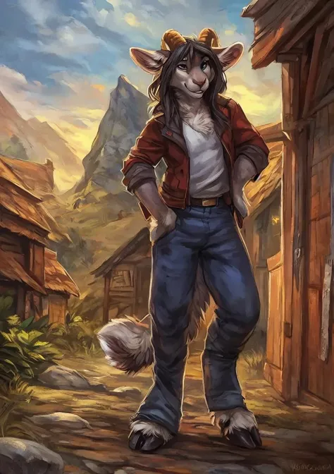 male, solo, anthro, mammal, goat, caprine, (caprine horn), 2 horns, horizontal pupils,  cloven hooves,
fully clothed, bottomwear, topwear, pants, jacket, (adventurer), hand on hip,
fur, fluffy, tuft, chest tuft, long hair, neck tuft, inner ear fluff, digitigrade,
standing, front view, looking at viewer,
(detailed background), outside, rock, sunbeams, snowy peaks, colorful sunrise, (village:1.3),
by kenket, by darkgem, by miosha,
fully clothed, bottomwear, topwear, pants, jacket, (adventurer), hand on hip,
fur, fluffy, tuft, chest tuft, long hair, neck tuft, inner ear fluff, digitigrade,
standing, front view, looking at viewer,
(detailed background), outside, rock, sunbeams, snowy peaks, colorful sunrise, (village:1.3),
by kenket, by oouna, by darkgem, by miosha, by sabretoothed ermine,