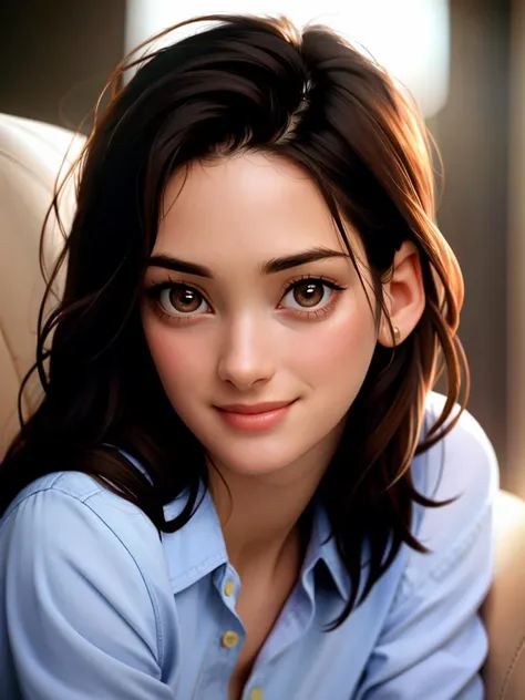 Realistic photo of a beautiful w1n0n4r woman,1girl,solo,looking at viewer,smile,brown hair,black hair,long sleeves,brown eyes,closed mouth,upper body,blurry,lips,head rest,realistic,nose,soft lighting, professional Photography, Photorealistic, detailed, RAW, analog, sharp focus, 8k, HD, high quality, masterpiece<lora:w1n0n4r:1.0>