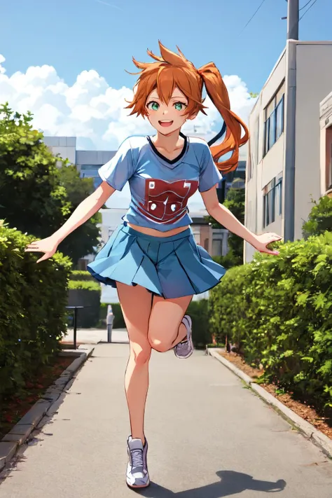 kendou itsuka,  1girl,solo,orange hair, long hair, side ponytail, green eyes, smile, parted lips, happy,Mini skirt, graphic t-shirt, white sneakers<lora:kendou_itsuka:1>