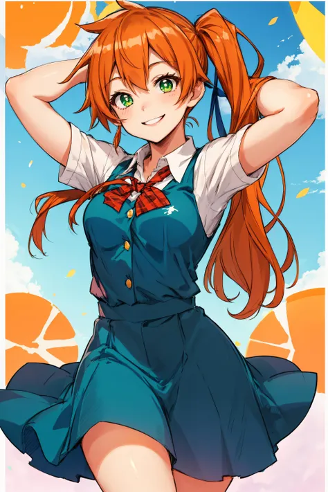 kendou itsuka,  long hair, side ponytail, 1girl, green eyes, smile, orange hair, blue dress, looking at viewer, s <lora:kendou_itsuka:1>, kagami kusakabe, school uniform, looking at viewer, smile