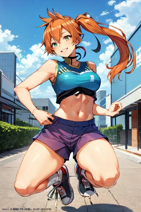 、beautidful eyes、Delicat eyes、8K、、(((2arm)))、((、、low angles、、、、、Wagas、((Red-haired))、、a park、get angry、、、Butt、long-haired、Ponytail、Athletics uniforms、