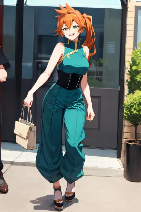 kendou itsuka, 1girl,solo,orange hair, long hair, side ponytail, green eyes, smile, parted lips, happy,Wide-leg jumpsuit, block heels<lora:kendou_itsuka:1>