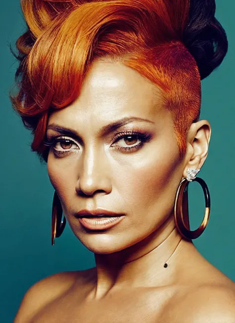 portrait of sks woman by Flora Borsi, style by Flora Borsi, bold, bright colours, orange Mohawk haircut, ((Flora Borsi)), <lora:locon_jennifer_v1_from_v1_64_32:1.25>