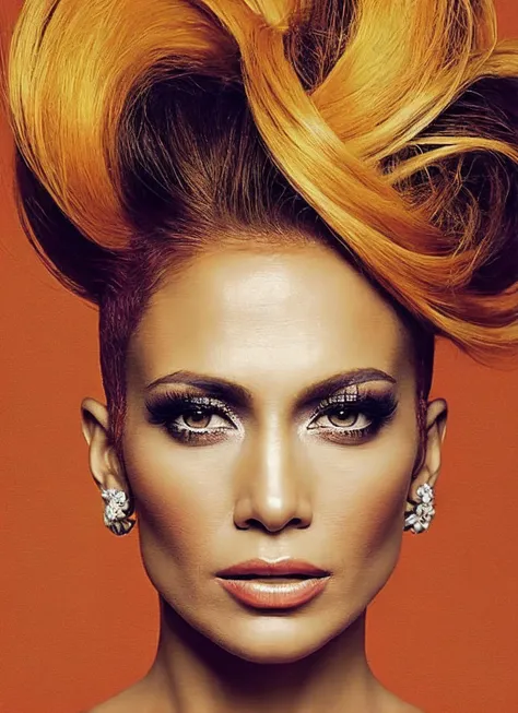 portrait of sks woman by Flora Borsi, style by Flora Borsi, bold, bright colours, orange Mohawk haircut, ((Flora Borsi)), <lora:locon_jennifer_v1_from_v1_64_32:1.25>