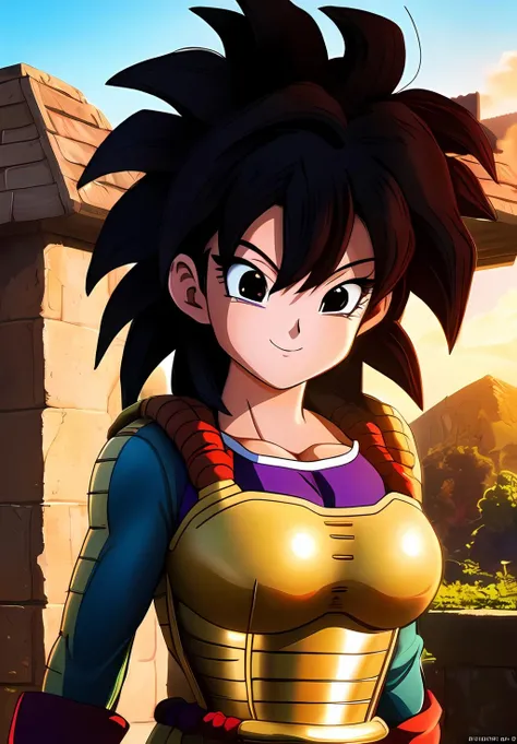 (Photo:1.3), highdetail, <lora:Gine:0.8>, Gine, 1girl, solo, saiyan armor, smile, ((portrait,)) Black Hair, (acclaimed, alluring, captivating, exciting, gorgeous, striking:1.3), (trending on artstation:1.3)