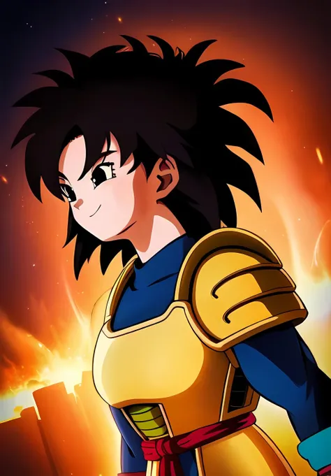 (Photo:1.3), highdetail, <lora:Gine:0.8>, Gine, 1girl, solo, saiyan armor, smile, ((portrait,)) Black Hair, (acclaimed, alluring, captivating, exciting, gorgeous, striking:1.3), (trending on artstation:1.3)
