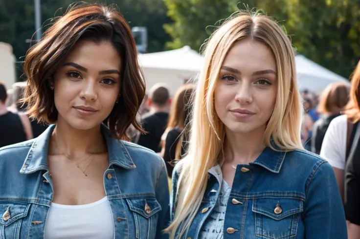 Masterpiece, medium close-up photo of ((2 women)) at a punk rock concert, denim jackets