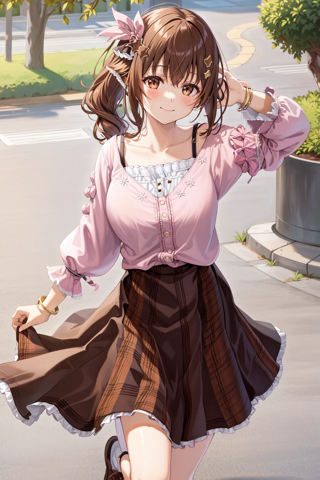 1girl, sora_indoor, solo, star hair ornament, hair ornament, brown hair, star (symbol), skirt, ribbon, hair ribbon, long hair, shirt, brown eyes, cowboy shot, smile ,looking at viewer, white shirt,, hair flaps, bracelet, side ponytail, long skirt, (brown skirt:1.45), pink ribbon, collarbone, jewelry, shoes, blush, hairclip, bangs, pink blouse, plaid, socks, long sleeves, camisole, large breasts, standing, outdoors, park, spring, pond background, <lora:Hololive_Sora_v1.0:0.7>
