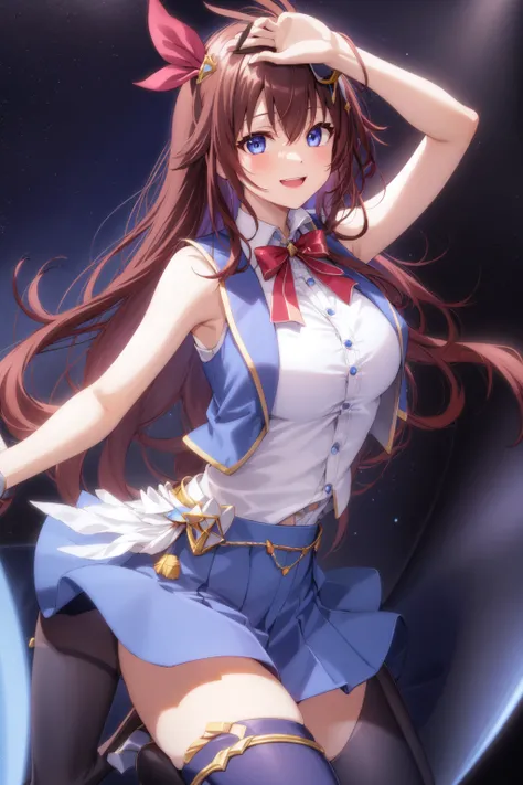 1girl, solo, tokino sora, long hair, blue vest, white shirt, cropped shirt, blue skirt, red hair ribbon, miniskirt, blue eyes, brown hair, sleeveless shirt, smile, thigh ribbon, thighhighs, large breasts, singing, concert, stage, dynamic pose, <lora:Hololive_Sora_v1.0:0.7>