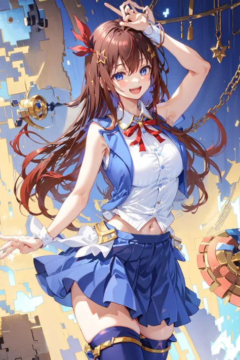 1girl, tokino sora, brown hair, long hair, blue eyes, white shirt, cropped shirt, sleeveless shirt, blue vest, blue skirt, hair ornament, red hair ribbon, thigh ribbon, thighhighs, wrist cuffs, indoor, room, smile, open mouth, large breasts, <lora:Hololive_Sora_v1.0:0.7>,