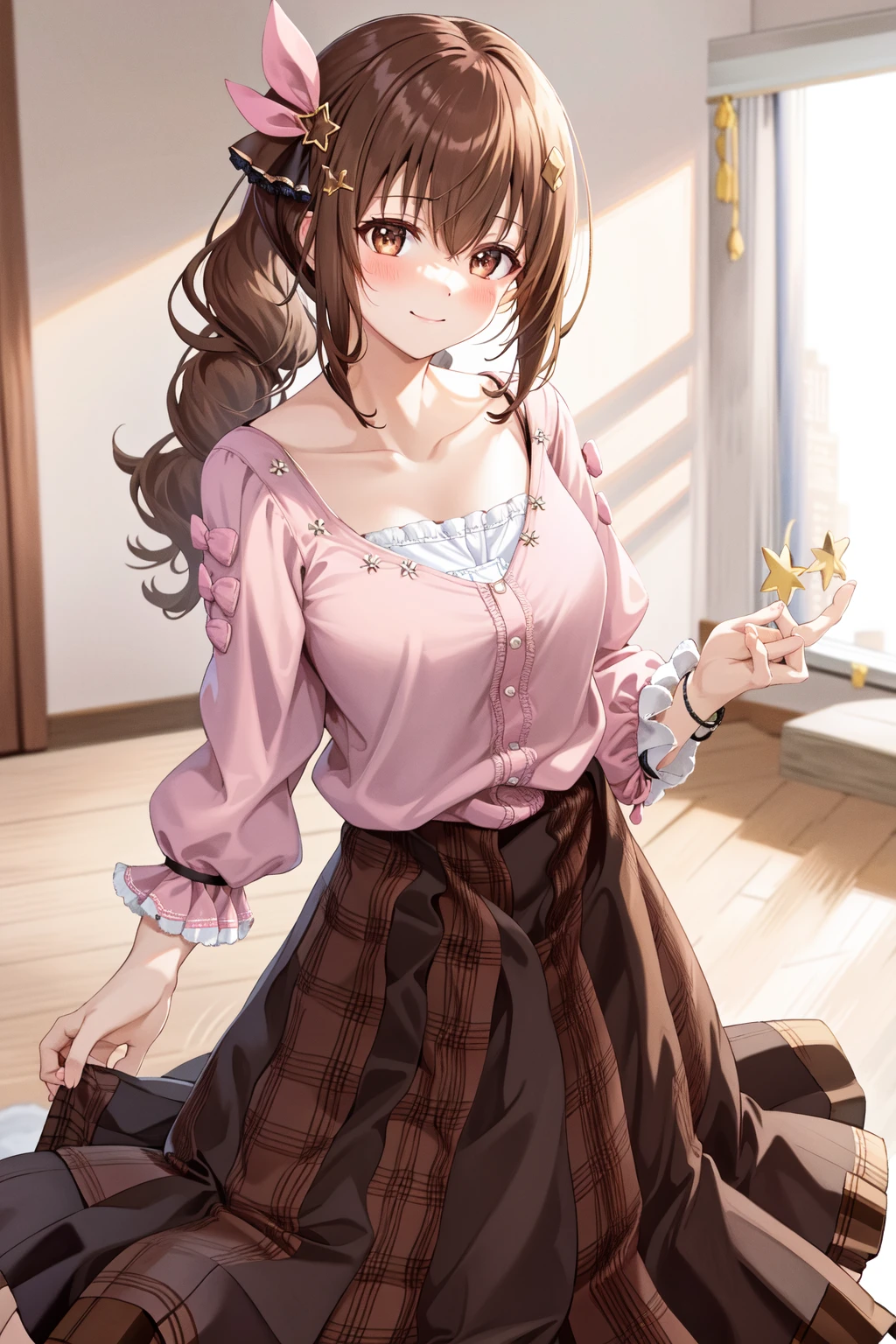 1girl, sora_indoor, solo, star hair ornament, hair ornament, brown hair, star (symbol), skirt, ribbon, hair ribbon, long hair, shirt, brown eyes, cowboy shot, smile ,looking at viewer, white shirt,, hair flaps, bracelet, side ponytail, long skirt, (brown skirt:1.45), pink ribbon, collarbone, jewelry, shoes, blush, hairclip, bangs, pink blouse, plaid, socks, long sleeves, camisole, large breasts, standing, indoor, room, <lora:Hololive_Sora_v1.0:0.7>