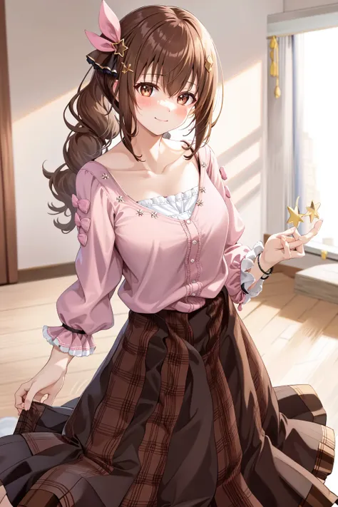 1girl, sora_indoor, solo, star hair ornament, hair ornament, brown hair, star (symbol), skirt, ribbon, hair ribbon, long hair, shirt, brown eyes, cowboy shot, smile ,looking at viewer, white shirt,, hair flaps, bracelet, side ponytail, long skirt, (brown skirt:1.45), pink ribbon, collarbone, jewelry, shoes, blush, hairclip, bangs, pink blouse, plaid, socks, long sleeves, camisole,  large breasts, standing, indoor, room, <lora:Ho****ve_Sora_v1.0:0.7>