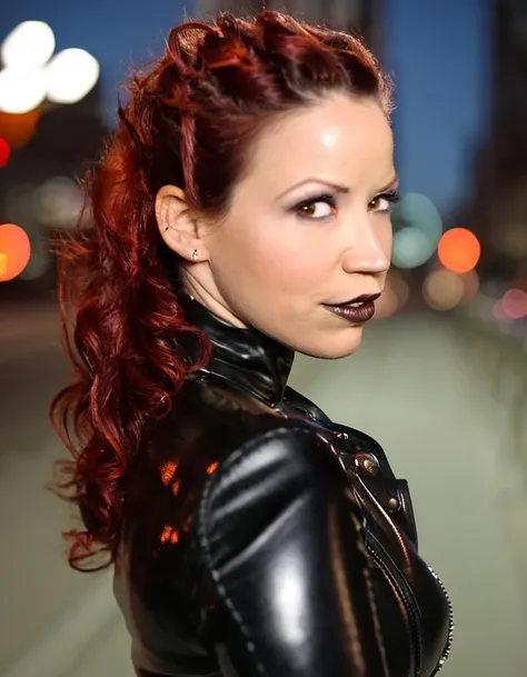 <lora:bncbchmp -000007:1>, close up portrait photo of bncbchmp , wearing black leather, city at night
