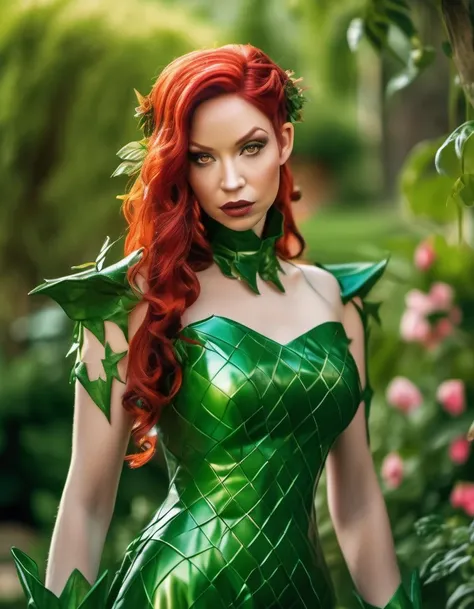 <lora:bncbchmp -000007:1.1>, close up portrait photo of bncbchmp , cosplaying as Poison Ivy, green vinyl dress, background is a garden,, (masterpiece, top quality, best quality, official art, beautiful and aesthetic
