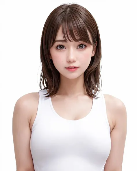 best quality, photorealistic, 8k, high res, 1girl, woman, (skindentation), (portrait:0.6), gorgeous, ((whitebackground, sport tanktop, small breast:1.65)), (long brown hair, parted bangs:1.4), looking at viewer, (1girl eyes looking at viewer:1.6), photorealistic, (bokeh), (closed mouth, smile:1.3), gorgeous, pureerosface_v1:1, <lora:grav-misaki:0.45>