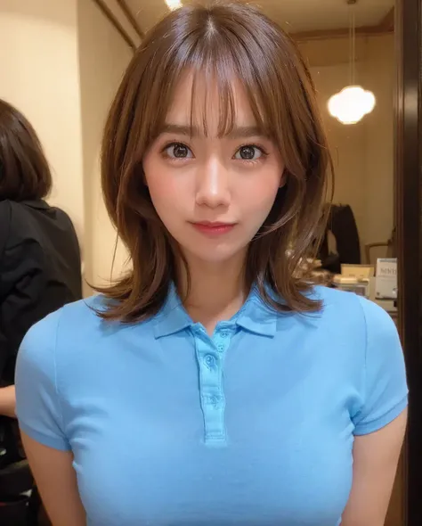 best quality, photorealistic, 8k, high res, 1girl, woman, (skindentation), (professional lighting), (portrait:0.6), (polo shirt:1.5), gorgeous, (medium hair:1.4), eyes looking at viewer:0.31, ((looking at viewer:1.5)), (looking at the camera), photorealistic, (bokeh), (portait:0.6), (dynamic pose:1.2), from above, sfw, (parted lips:1), smile:1.6, <lora:misaki-3750:0.8>