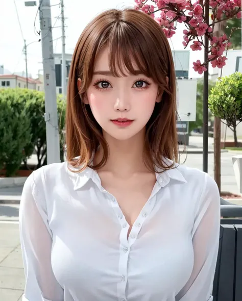 pureerosface_v1:0.3, best quality, photorealistic, 8k, high res, full color, 1girl, woman, 20 years old woman, (closed mouth:1.73), (skindentation), (portrait:0.6), trees, park bench, daylight, ((park background:1.52)), full color, ((officeshirt:1.68)), looking at viewer:1.8, (1girl eyes looking at viewer:1.55), (long hair, brownhair, partedbangs:1.45), (bokeh), <lora:AAG-aihara:0.65>