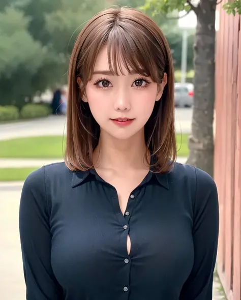 pureerosface_v1:0.3, best quality, photorealistic, 8k, high res, full color, 1girl, woman, 20 years old woman, (closed mouth:1.43), (skindentation), (portrait:0.6), trees, park bench, daylight, ((park background:1.52)), full color, ((officeshirt:1.68)), looking at viewer:1.8, (1girl eyes looking at viewer:1.55), (long hair, brownhair, partedbangs:1.45), (bokeh), <lora:AAG-aihara:0.65>