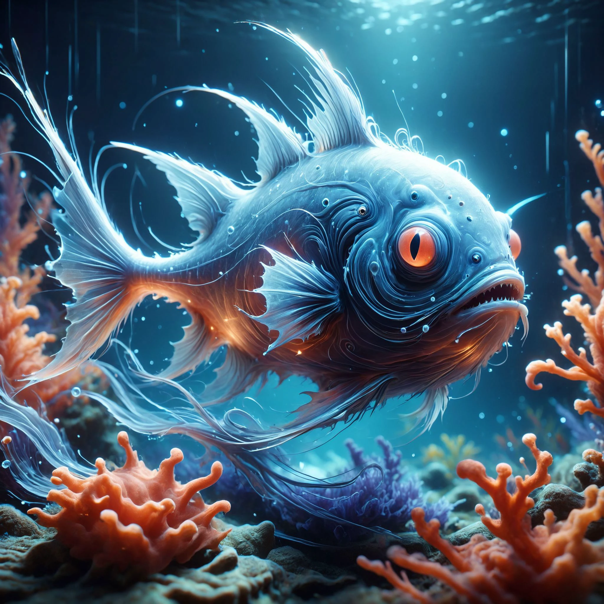 tempestmagic Ghostly anglerfish luring unsuspecting prey, Whimsical coral maze with twisting paths in the background,, beautifully lit,, sharp focus, ethereal transparent flat background, symmetrical, hyper realism, 8k, RTX, octane render, trending on artstation, greg rutkowski very coherent symmetrical artwork, cinematic, hyper realism, high detail, octane render, 8k<lora:Tempest_Magic_-_XL_Grimoire:0.8> <lora:MJ52:0.4> <lora:Rainbow_Style:0.6>