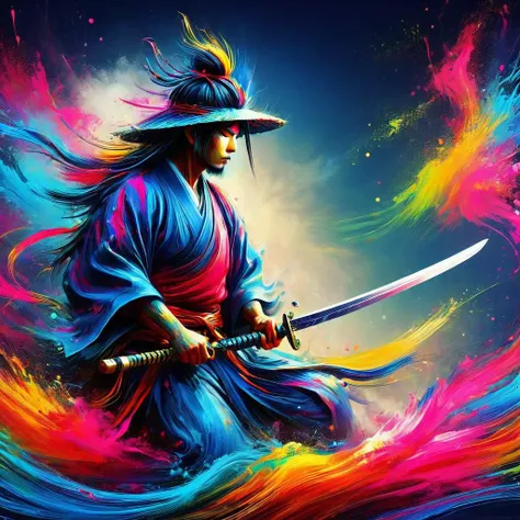impactful paint of a Samurai with a sword in his pose in a zen garden   <lora:Rainbow_Style:1.0>,    highly detailed,   8k,   sharp,  professional, clear,   high contrast, high saturated, , vivid deep blacks, crystal clear