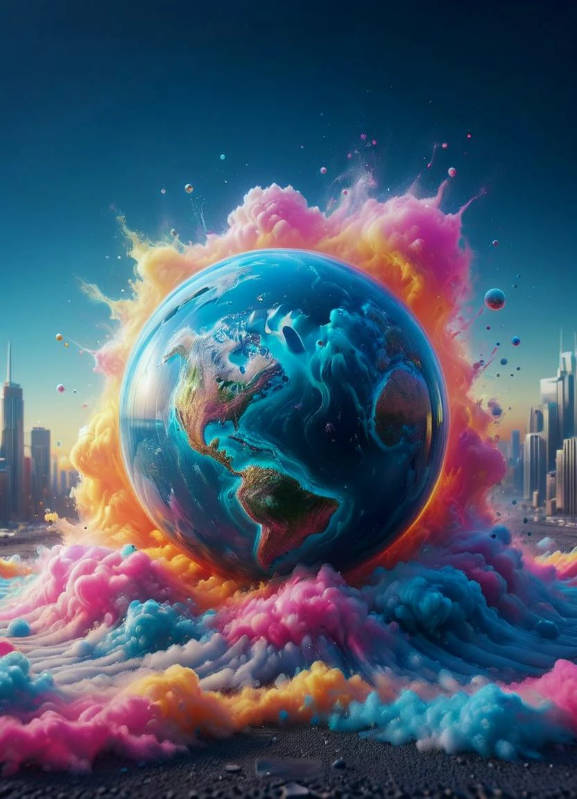 (Bubbleworld:1.2) in a colorverse, miniature planet inside with city and sky <lora:XL_Rainbow_Style:0.33> <lora:ais-wvs-sdxl:0.35> ais-wvs <lora:Cloudz_Style_SDXL:0.35> ais-cloudz <lora:Space_Nebula_Style_SDXL:0.35> mad-nbla <lora:XL_RMSDXL_Creative:0.8>, subsurface scattering, Photorealistic, Hyperrealistic, analog style, realistic, film photography, soft lighting, heavy shadow, Ombre color scheme of neon orange, neon pink, neon blue, neon yellow, neon green,