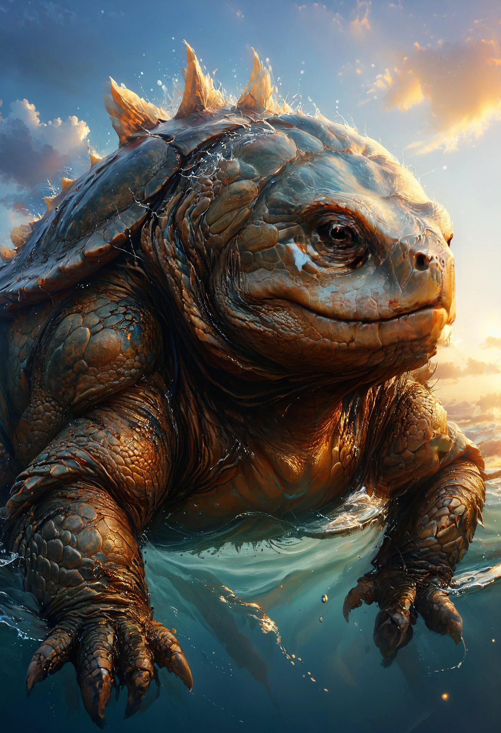 <lora:Mythical_Beasts:0.8> fmb Turtle, <lora:add-detail-xl:0.8>, Sunrays shine upon it, <lora:Rainbow_Style:0.6> <lora:The_Classic:0.8>