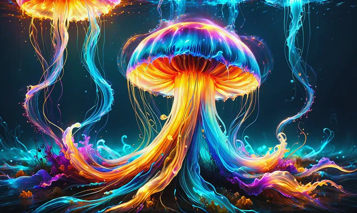 photorealistic, detailed digital illustration of a Bioluminescent jellyfish with flowing tendrils at a Vast abyssal plain with drifting particles <lora:xl_more_art-full_v1:0.4>, <lora:Rainbow_Style:0.6>, Golden hour, <lora:DonMSp3ctr4lXL:0.7> DonMSp3ctr4lXL