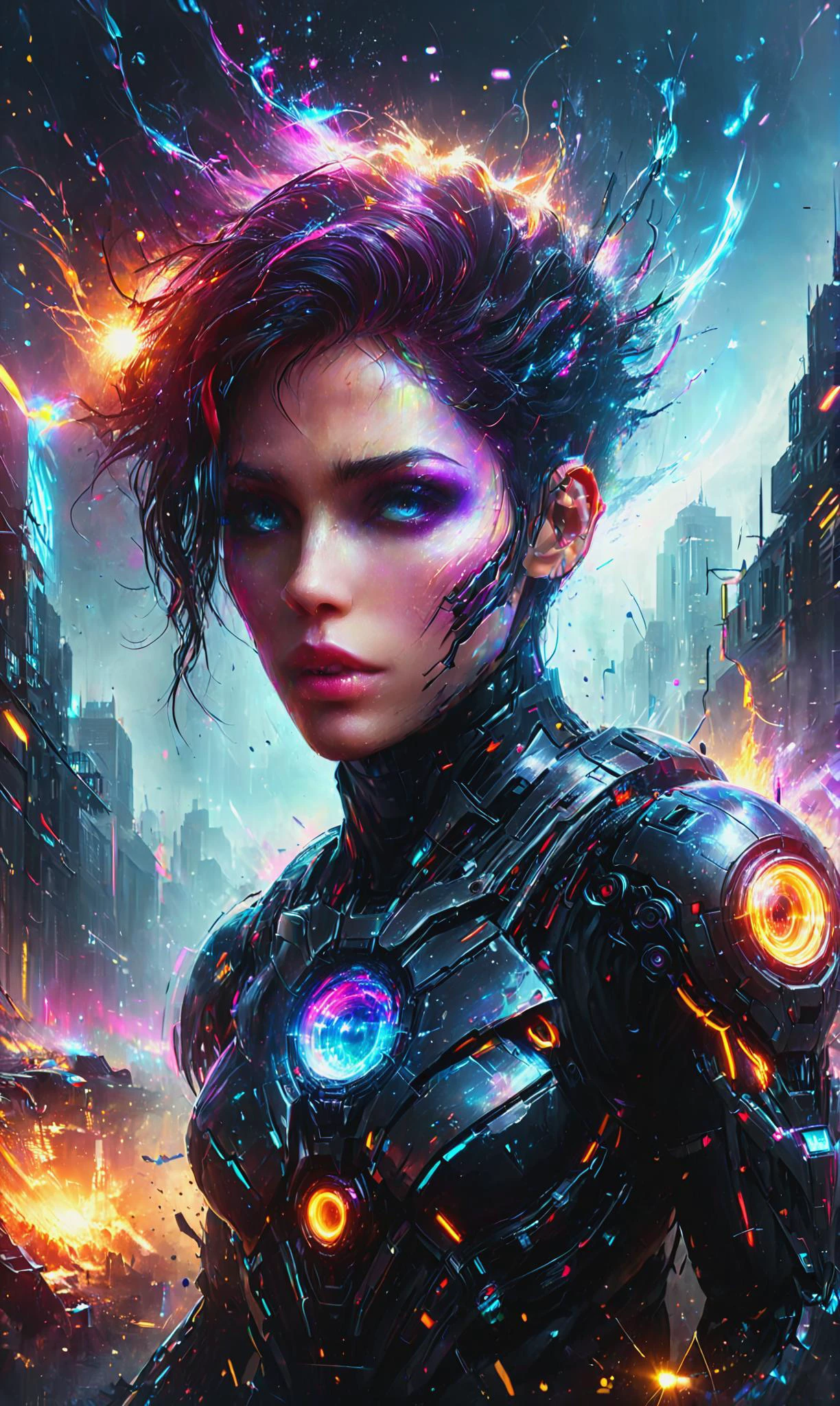 Detailed digital portrait of a <lora:InfraBlackholeTechAI:0.7> inblackholetechAI cyborg at a Dystopian cityscape with giant holographic displays, <lora:xl_more_art-full_v1:0.4>, <lora:Rainbow_Style:0.6>, Lens Flare, <lora:Desolation:0.7>