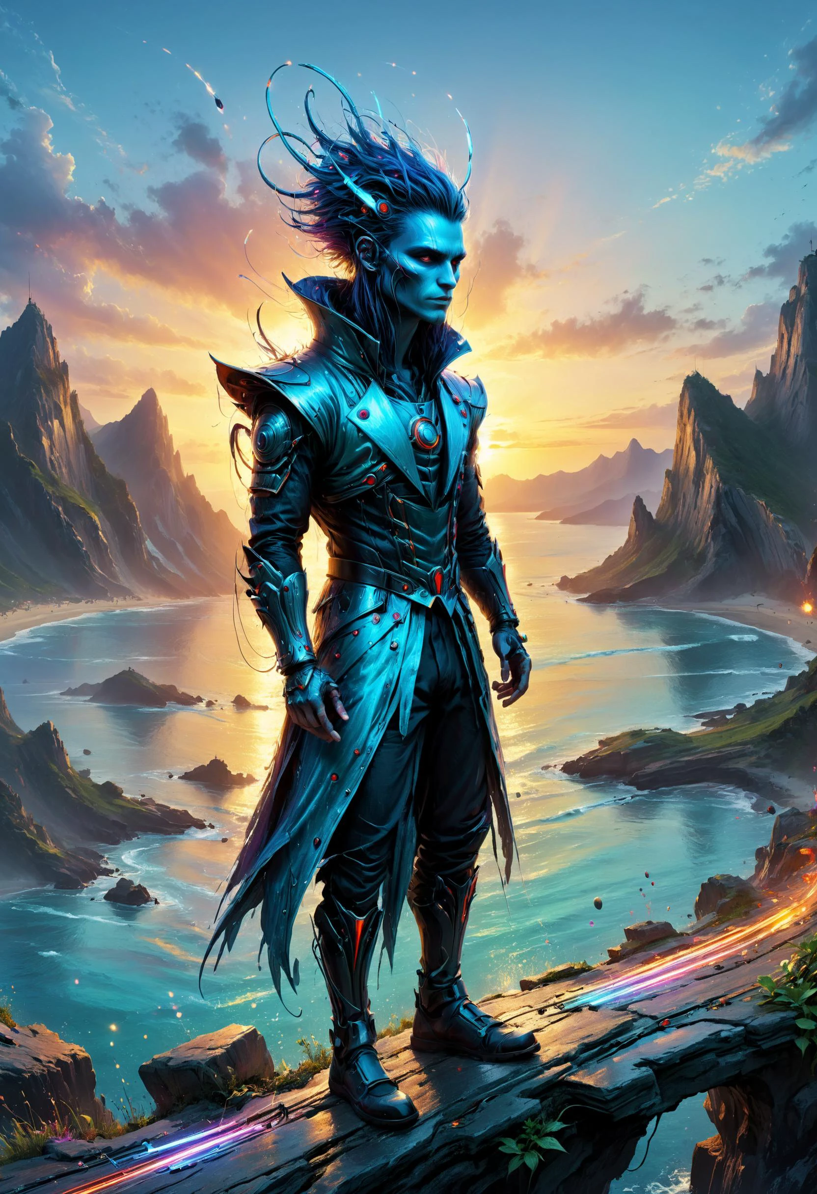 <lora:evil_villain:1> evil villain Neuro-enhanced musician playing futuristic beats, <lora:EnvyCreativeOutfitXL01:1>, Cliffside path overlooking tranquil waters in the background, <lora:xl_more_art-full_v1:0.4>, <lora:MJ52:0.4>, Twilight Light, <lora:TShirtDesignRedmondV2-Tshirtdesign-TshirtDesignAF:0.8> TshirtDesignAF, <lora:Rainbow_Style:0.6>, sharp focus, highly detailed