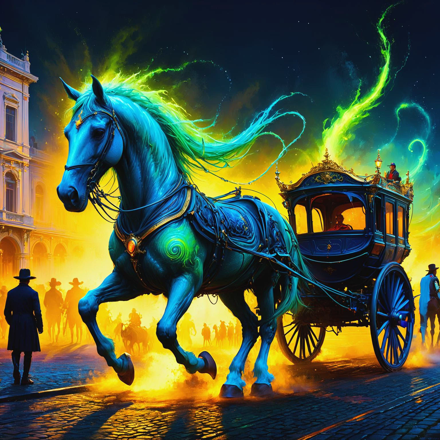 ultra-fine digital painting of a Extraterrestrial leviathan with bio-luminescent markings in a Horse-drawn carriages in a bustling square <lora:xl_more_art-full_v1:0.3>, <lora:EnvyBetterHiresFixXL01:1>, <lora:Desolation:0.3>, <lora:Rainbow_Style:0.6>, super detail, cinematic backlighting, ultra-realism