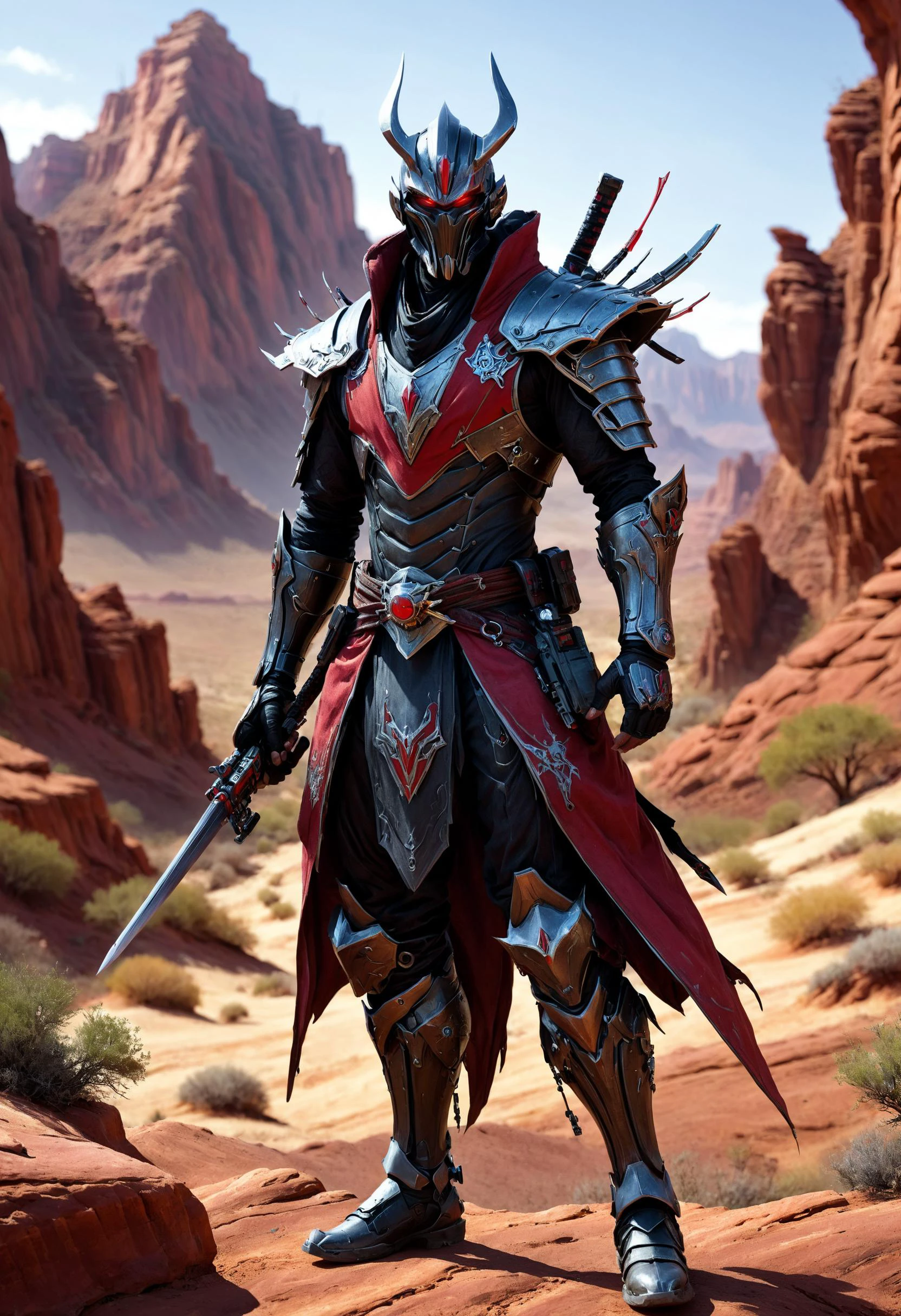<lora:evil_villain:1> evil villain Street samurai armed with cybernetic enhancements, <lora:EnvyCreativeOutfitXL01:1>, Desert canyon with red rock formations in the background, <lora:xl_more_art-full_v1:0.4>, <lora:MJ52:0.4>, Spotlighting, <lora:EnvyEleganceXL01s:0.7> elegant, <lora:Rainbow_Style:0.6>, sharp focus, highly detailed