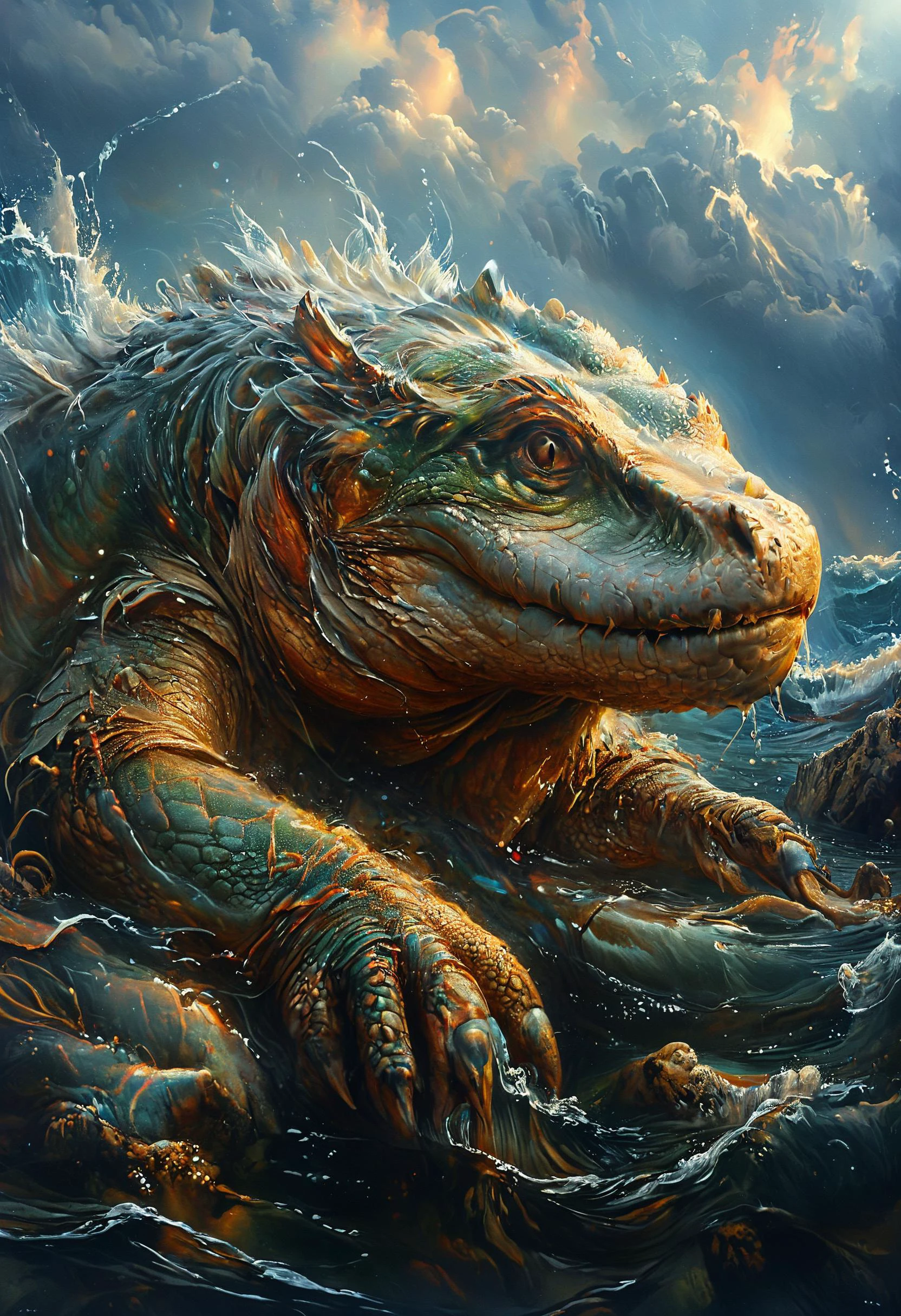 <lora:Mythical_Beasts:0.8> fmb Crocodile, <lora:MJ52:0.8>, glowwave, <lora:Rainbow_Style:0.6> <lora:The_Classic:0.8>