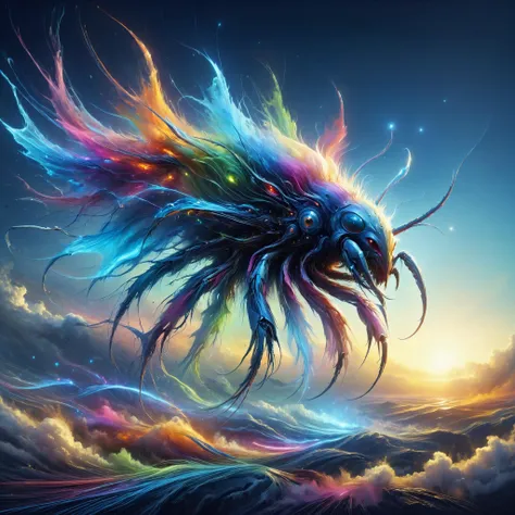 tempestmagic towering insectoid monstrosity, Rainbow-hued plains stretching to infinity, elegant,, Moonlight,, sharp focus, glowing, scifi subreddit, art by greg rutkowski and alphonse mucha<lora:Tempest_Magic_-_XL_Grimoire:0.8> <lora:EnvyEleganceXL01s:0.7> <lora:SDXLFaeTastic2400:0.4> <lora:Rainbow_Style:0.6>